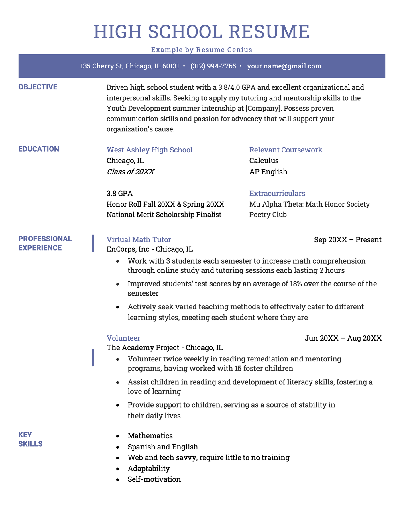 Example of a resume written by a high school student, featuring a blue resume design and an expanded section for education.