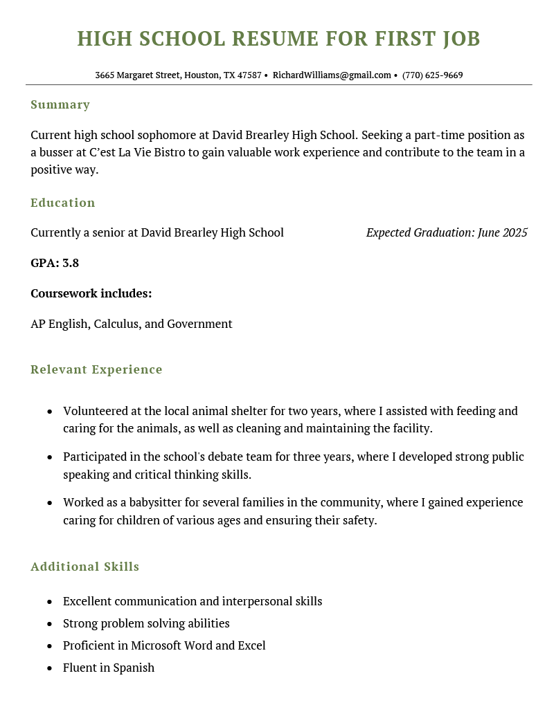 An example of a high school resume for a first job, with a basic green template