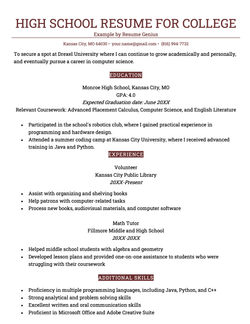 A high school resume for a college application that features an expanded education section, relevant experience, and additional skills.