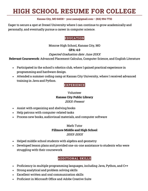 A high school resume for a college application that features an expanded education section, relevant experience, and additional skills.