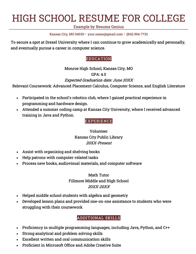 A high school resume for a college application that features an expanded education section, relevant experience, and additional skills.