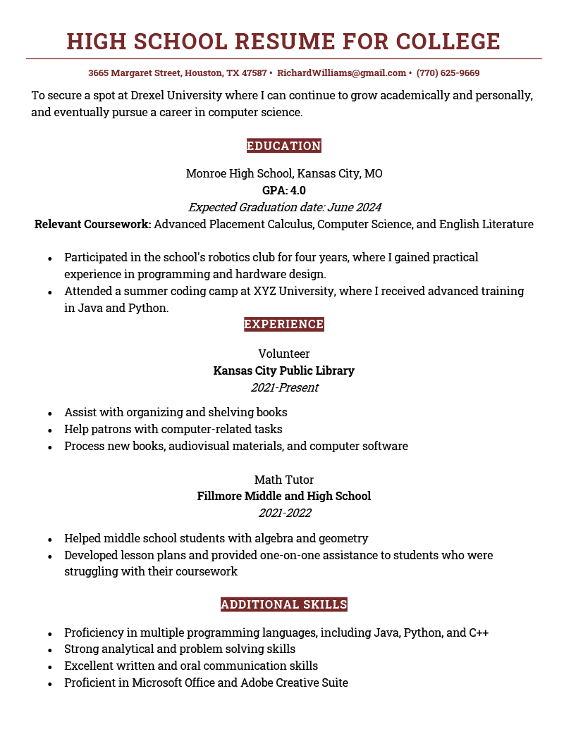 An example of a high school resume for college