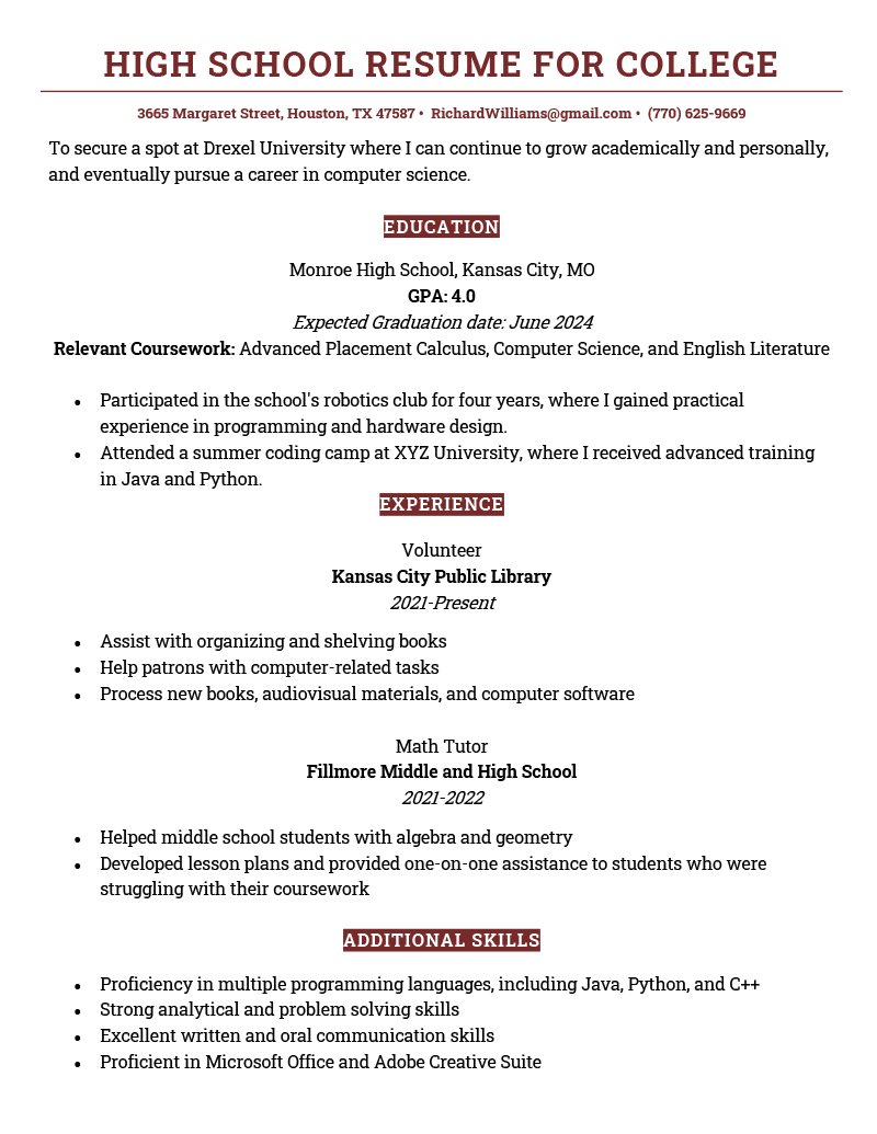 high school resume template for college