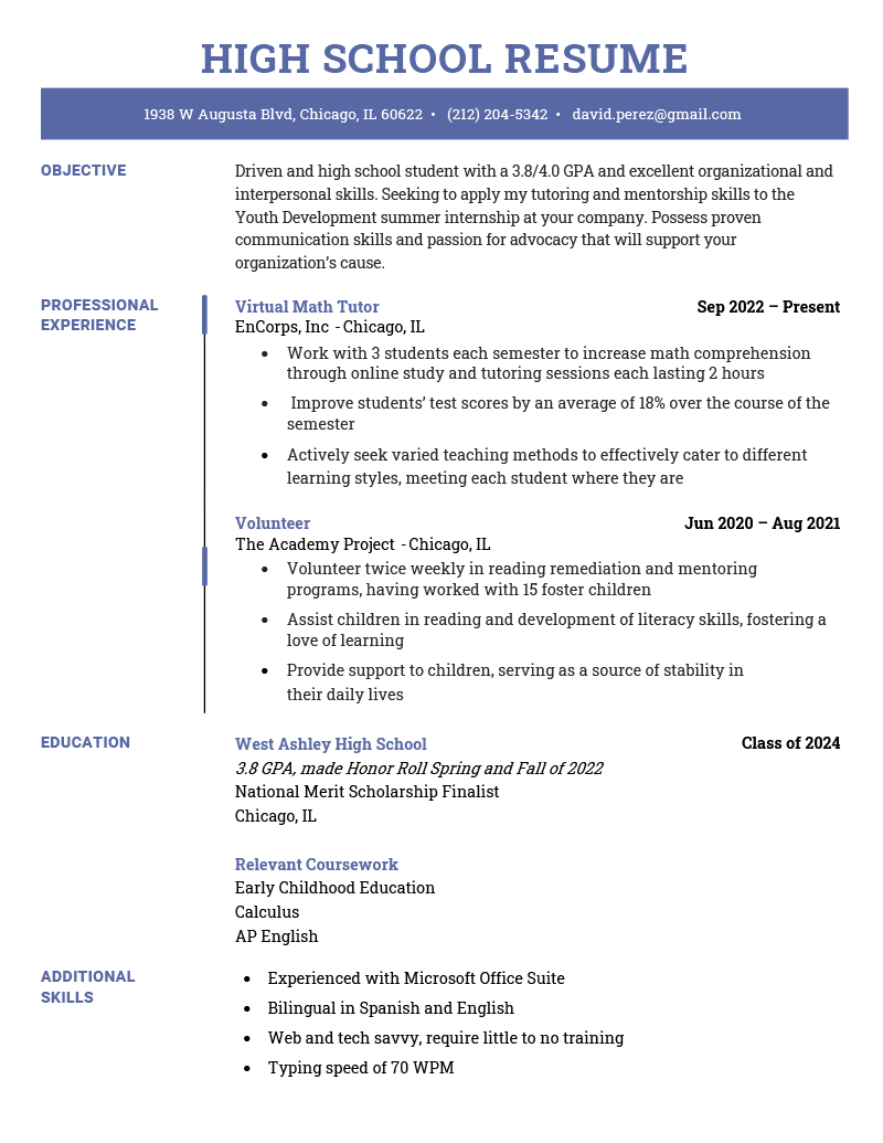 An example of a resume for a high schooler with no formal work experience on a modern blue and white template