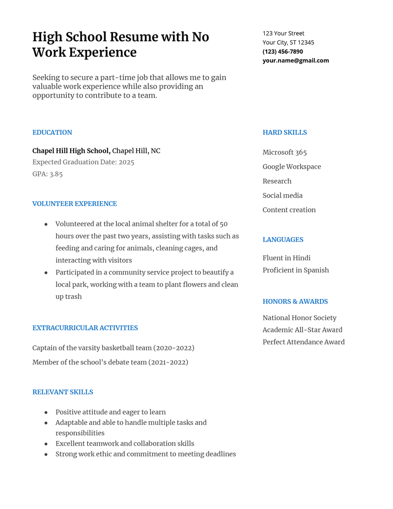 Google doc high school resume template for students without any work experience.