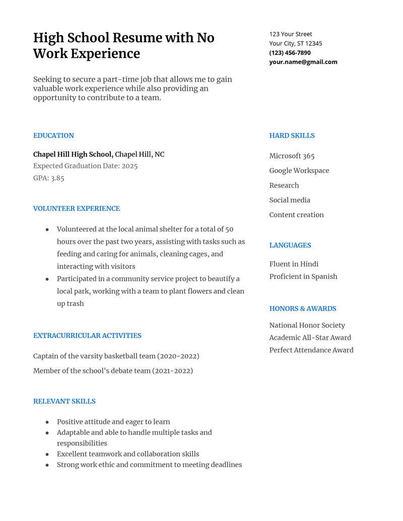 high school student with no work experience resume