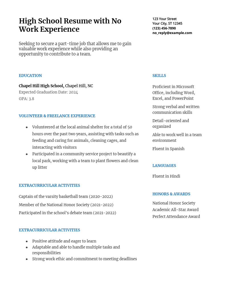 An example of a high school resume with no work experience, using a simple but modern resume template