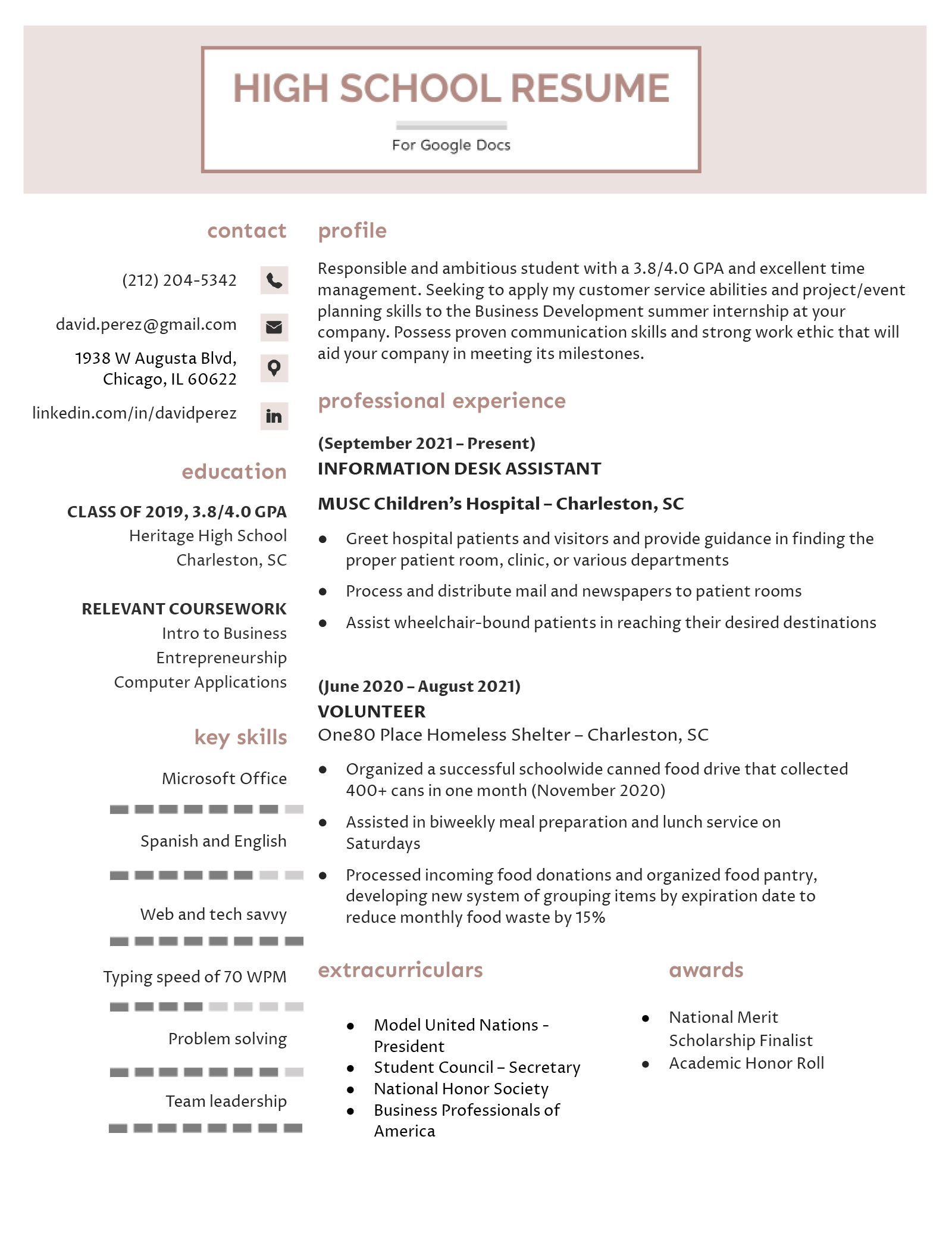 A high school resume template for Google Docs, featuring extra sections for extracurricular activities and volunteer experience