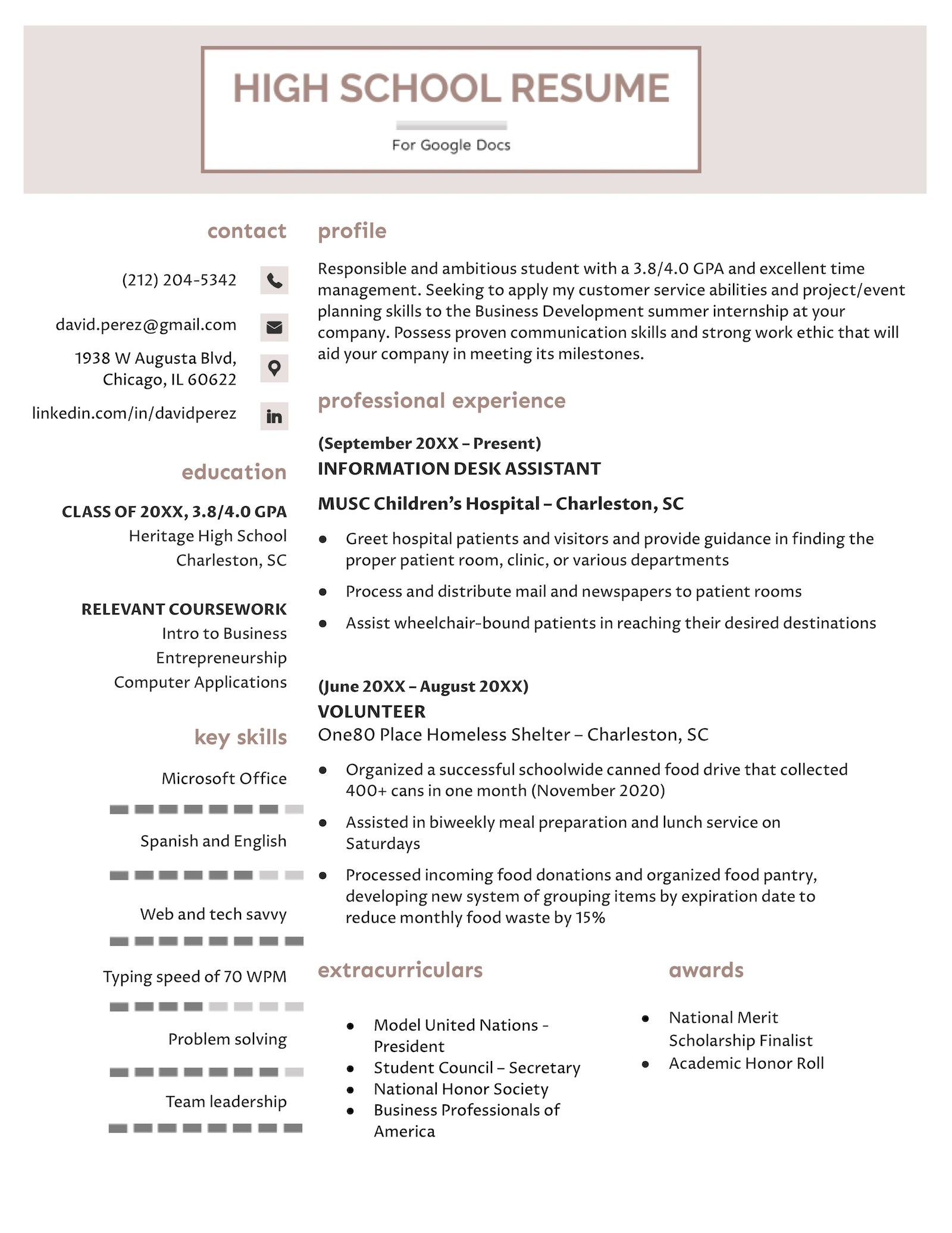 A high school resume template for Google Docs, featuring extra sections for extracurricular activities and volunteer experience