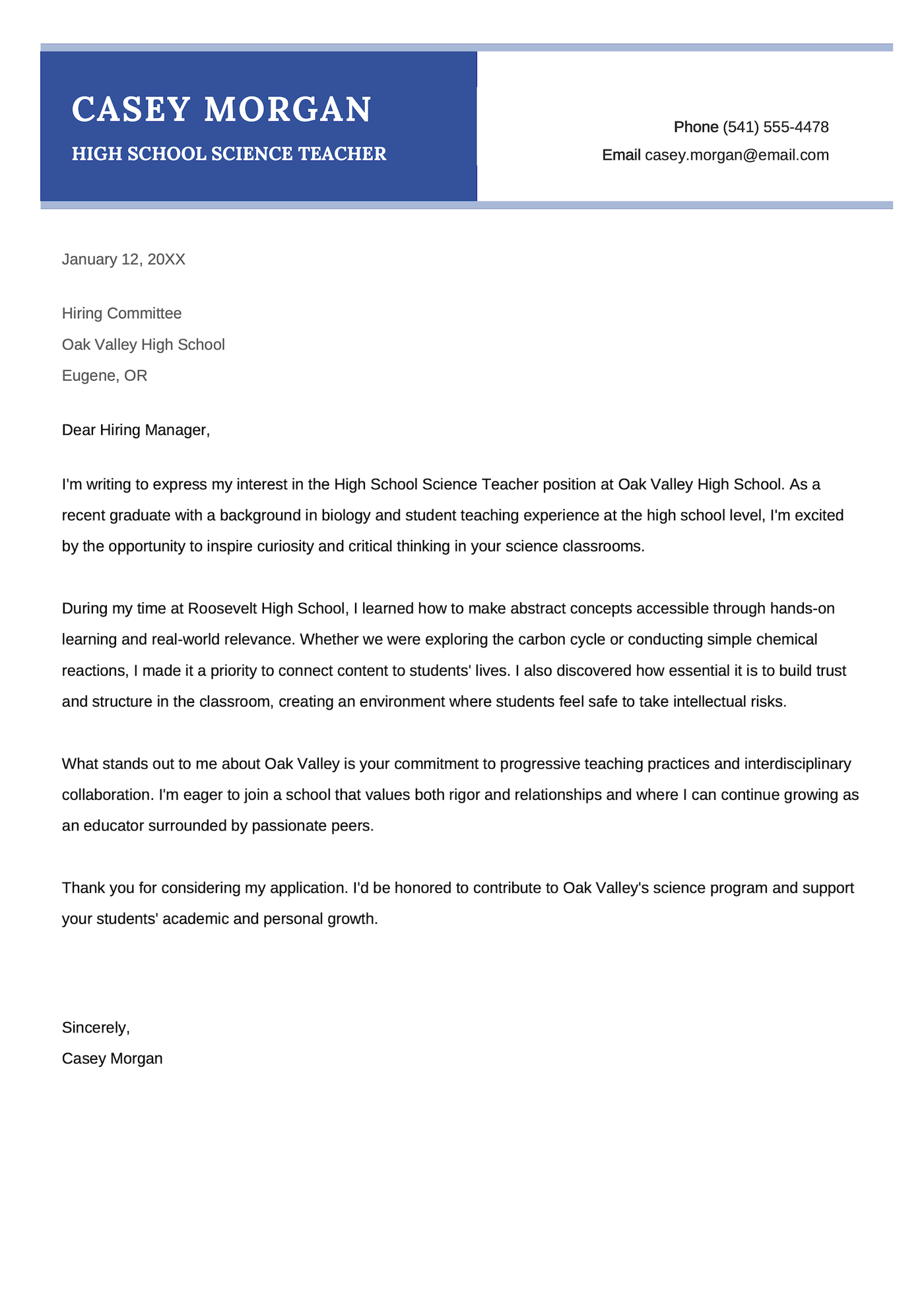 A high school science teacher cover letter example.