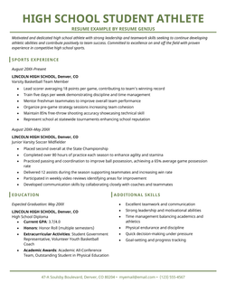 A high school student athlete resume example.