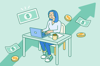 A female job applicant is at her desk happily doing research into the highest paying jobs for women