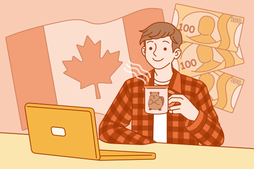 Canadian man in a flannel shirt working at a desk while drinking coffee in a beaver cup. A canadian flag in the background with Canadian dollars.