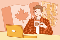 Canadian man in a flannel shirt working at a desk while drinking coffee in a beaver cup. A canadian flag in the background with Canadian dollars.