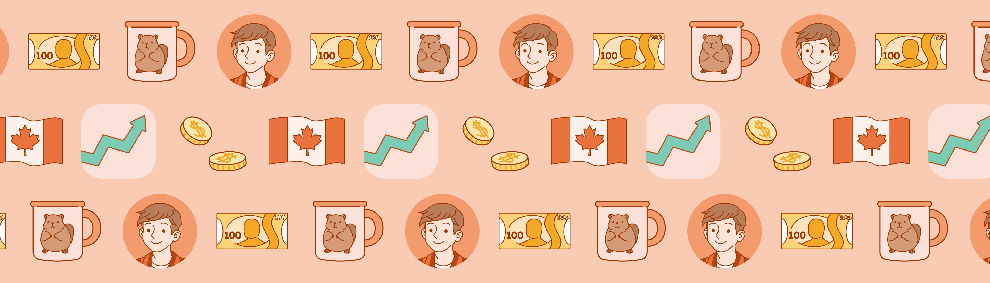 Canadian themed banner with beaver cup, rising line graph, canadian male, and canadian dollar