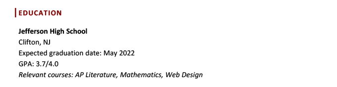 An example of current high school education listed on a resume An example of current high school education listed on your resume