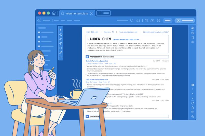 A hiring manager evaluating a resume for a job application on a screen.