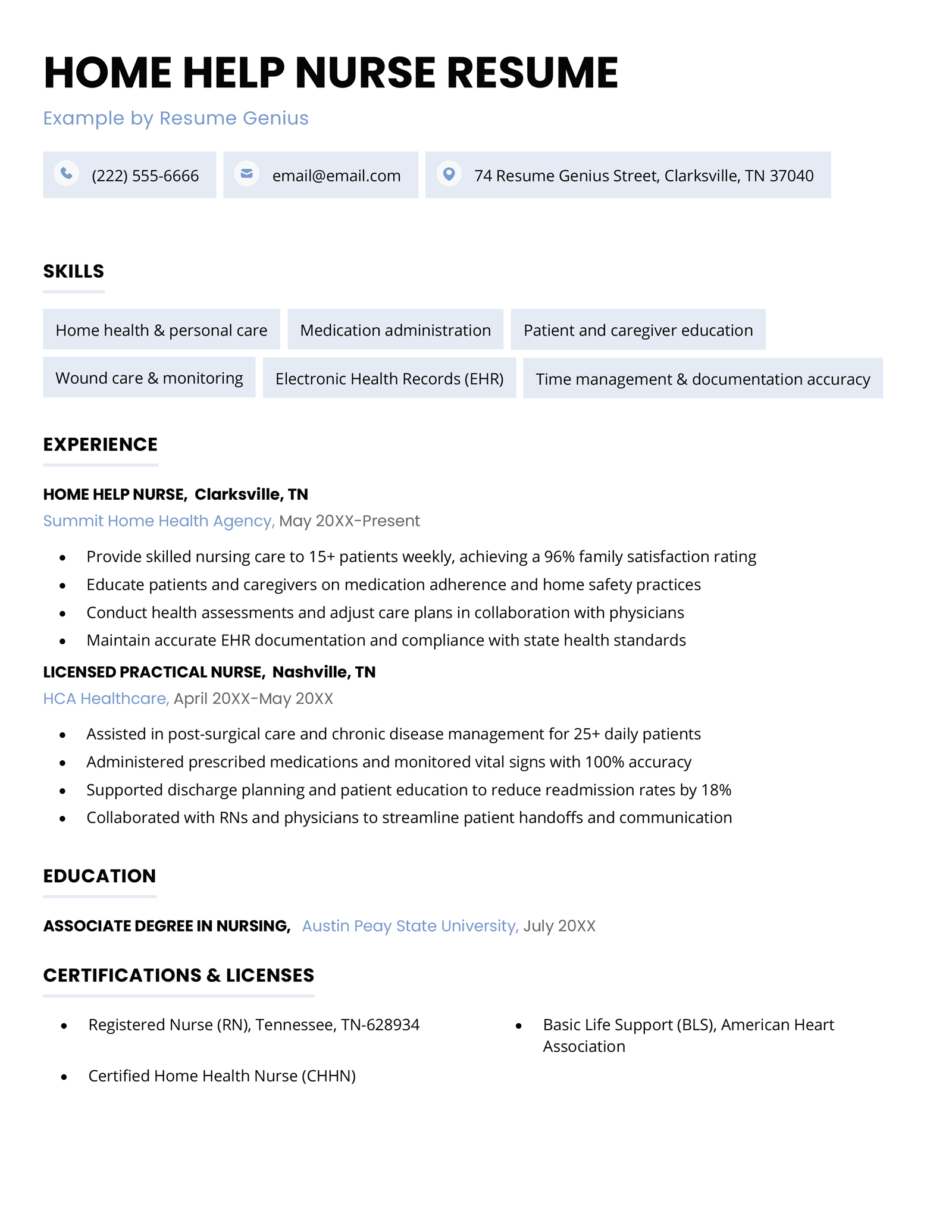 A home help nurse resume example.