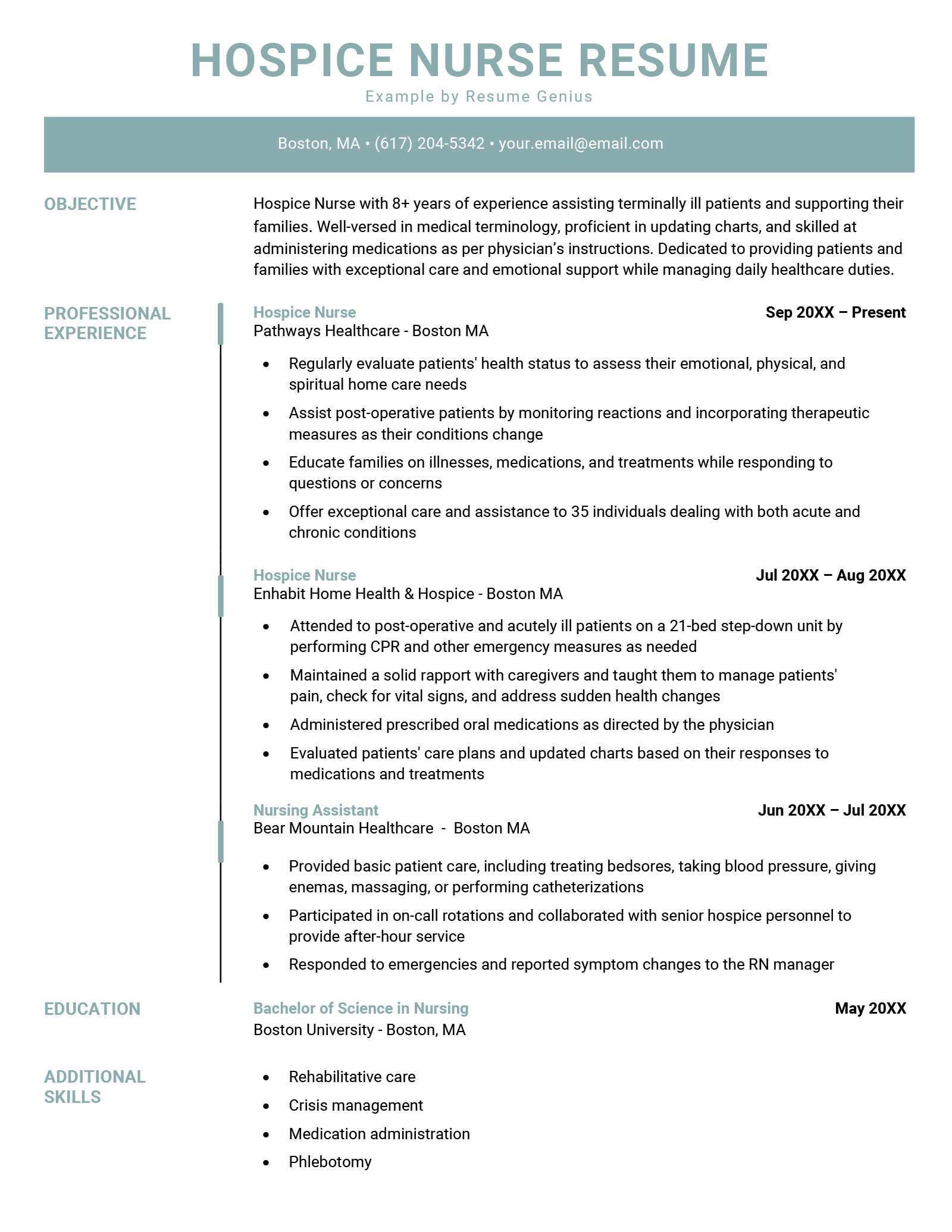 A resume sample for a hospice nurse with a sea green header and a timeline graphic to show the applicant's professional experience
