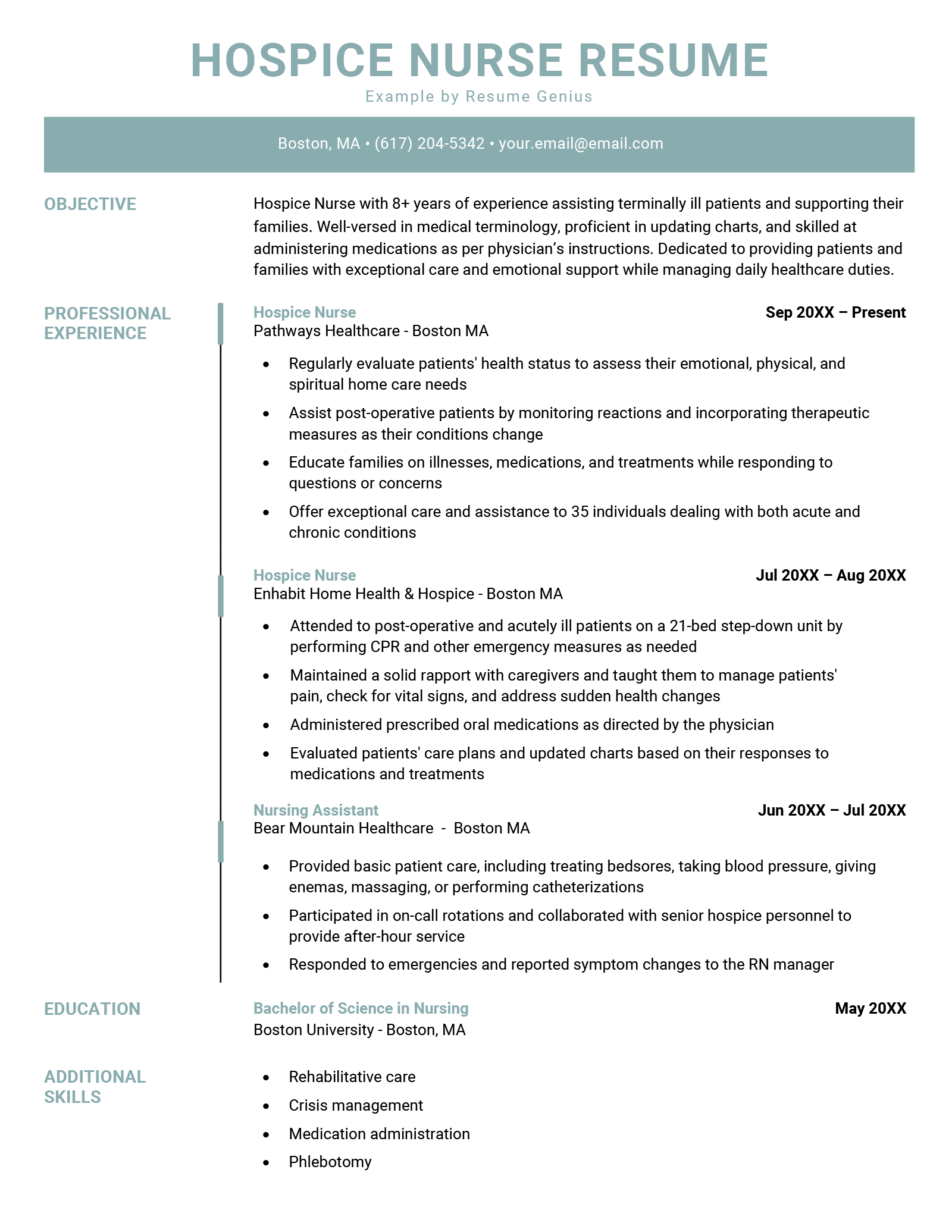 A resume sample for a hospice nurse with a sea green header and a timeline graphic to show the applicant's professional experience.