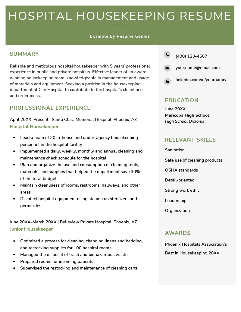A sample of a hospital housekeeping resume