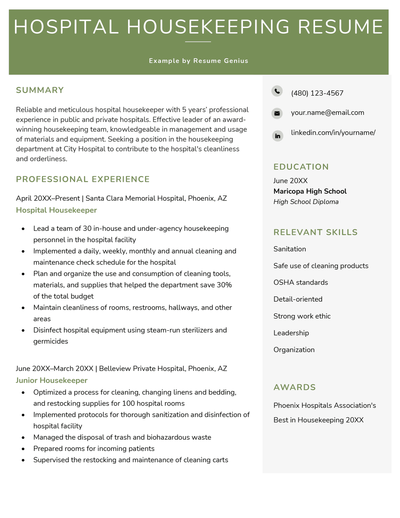 A sample of a hospital housekeeping resume