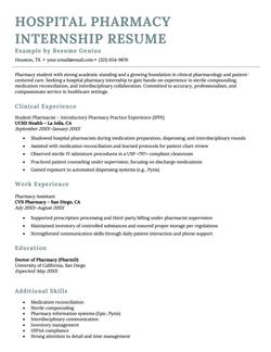 An example resume for a hospital pharmacy internship.