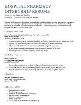 An example resume for a hospital pharmacy internship.
