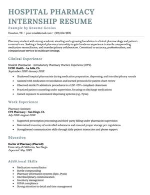 An example resume for a hospital pharmacy internship.