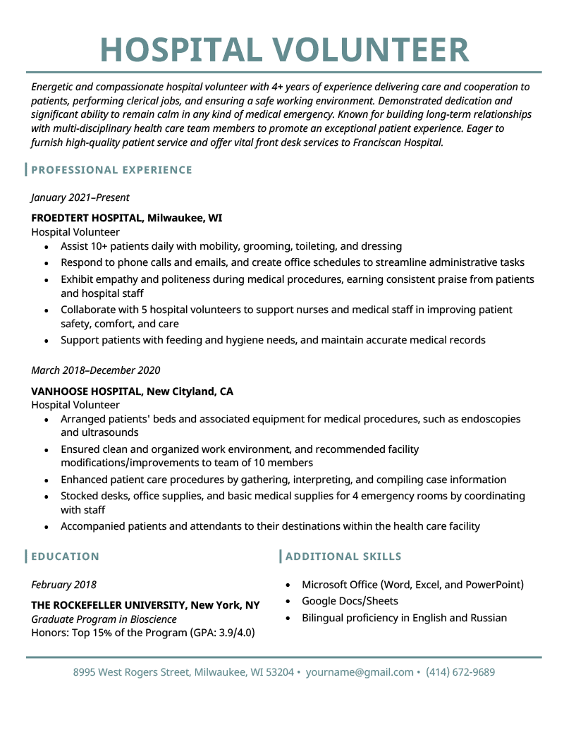 A volunteer hospital resume example with a blue title, an objective, as well as professional experience, education and additional skills sections