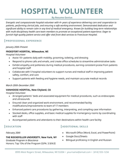 A volunteer hospital resume example with a blue title, an objective, as well as professional experience, education and additional skills sections