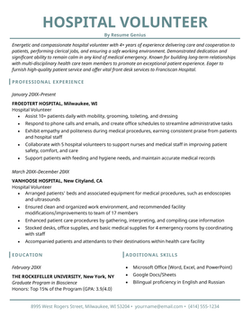 A volunteer hospital resume example with a blue title, an objective, as well as professional experience, education and additional skills sections