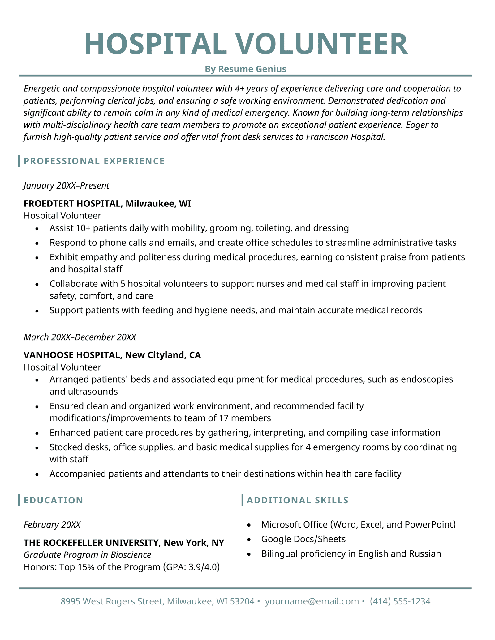 A volunteer hospital resume example with a blue title, an objective, as well as professional experience, education and additional skills sections