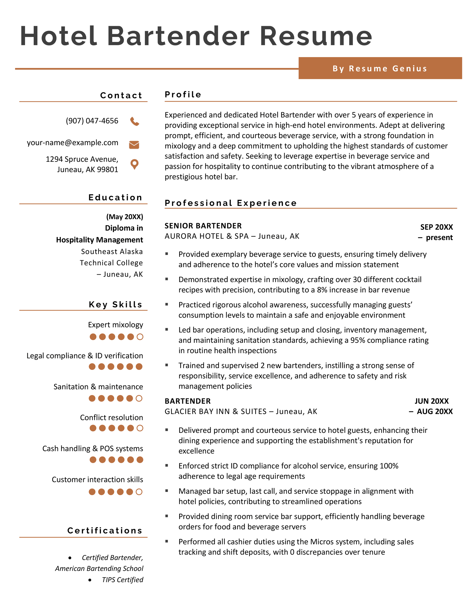 An orange, two-column resume example for a hotel bartender that uses skills bars to visualize this applicant's skills.