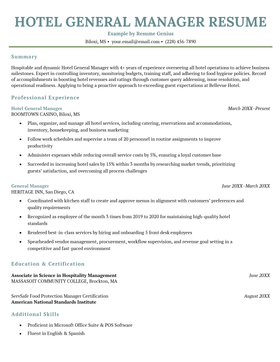 A one-column turquoise hotel general managers resume with the applicant's summary, professional experience, education & certification, and additional skills
