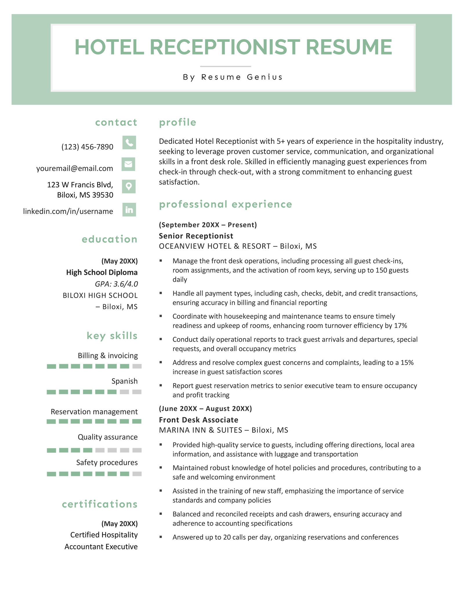 A hotel receptionist resume example that uses a green color scheme and skills bars to describe the applicant's skill levels.