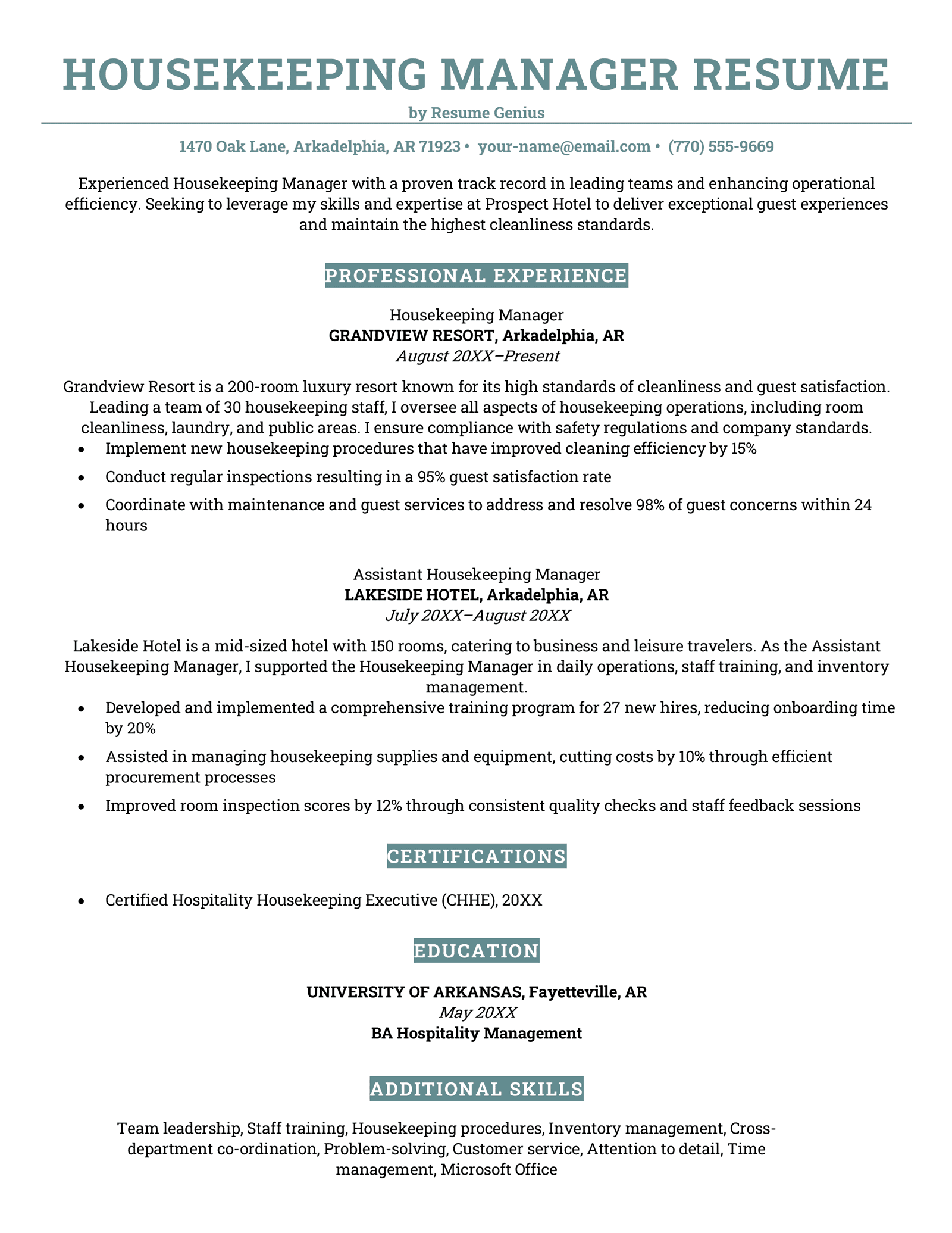 A housekeeping manager resume. 