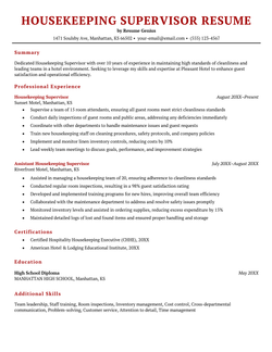 Housekeeping supervisor resume, formatted for an experienced housekeeper job applicant