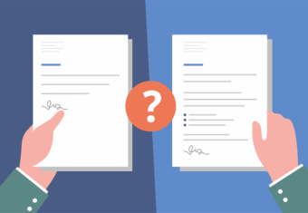 Two hands holding cover letters, the letter on the right being the correct length for a cover letter while the one on the left is less than the recommended length of one page.
