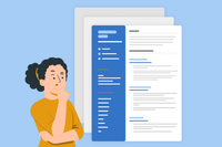 A graphic showing a woman standing next to a CV with a blue left-aligned header