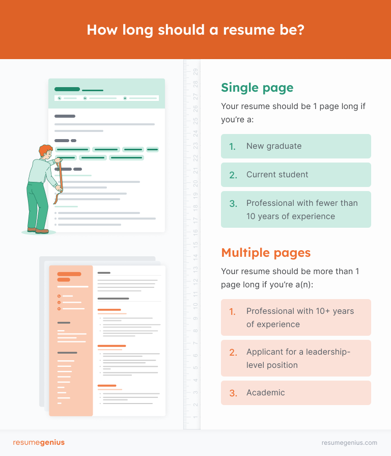 An infographic explaining how long a resume should be in different situations, with a one page resume on the top and a two page resume on the bottom.