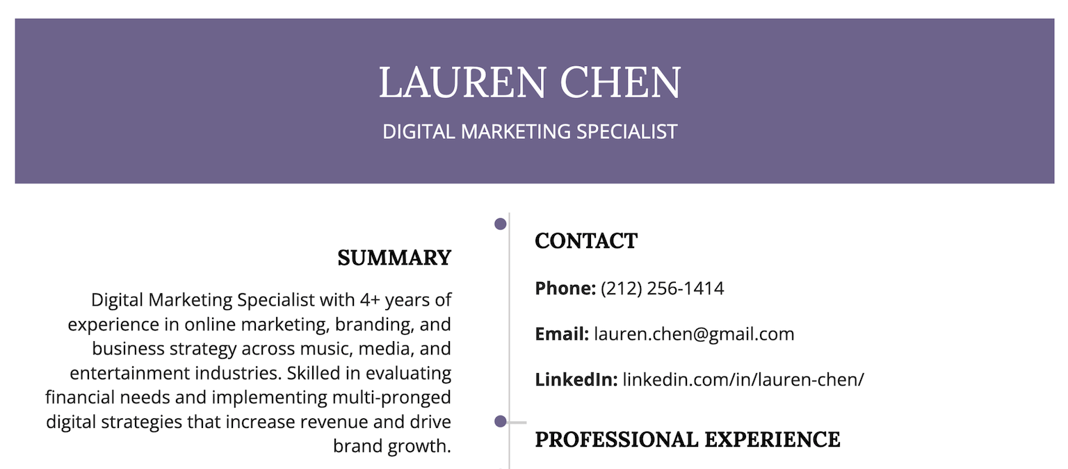 A screenshot of the top of a resume that has a dedicated contact section, including a LinkedIn profile