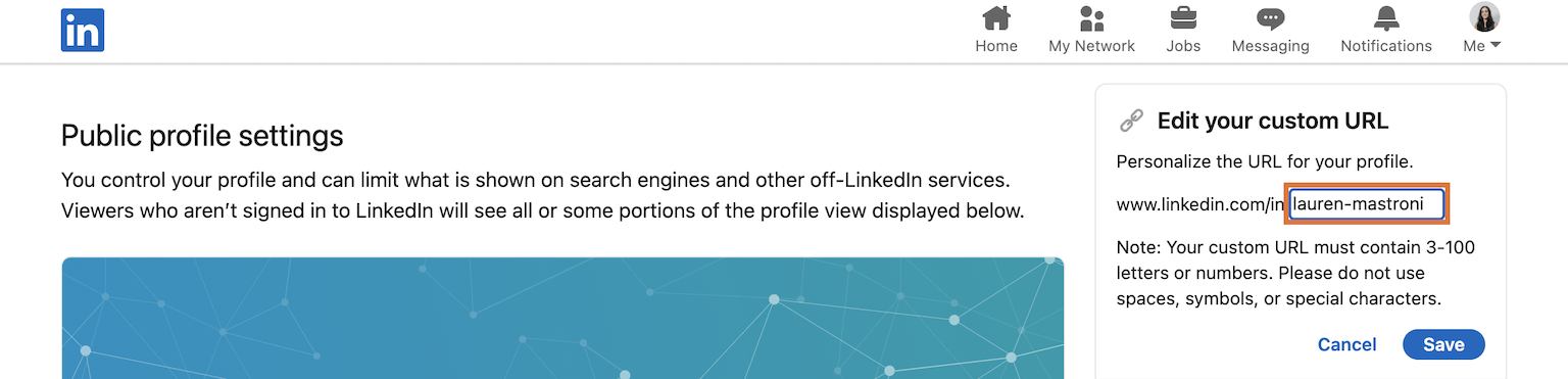 A screenshot with an orange box around the LinkedIn URL edit box