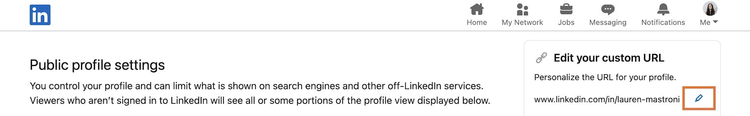 A screenshot with an orange box around the pencil icon you can click to edit your LinkedIn URL