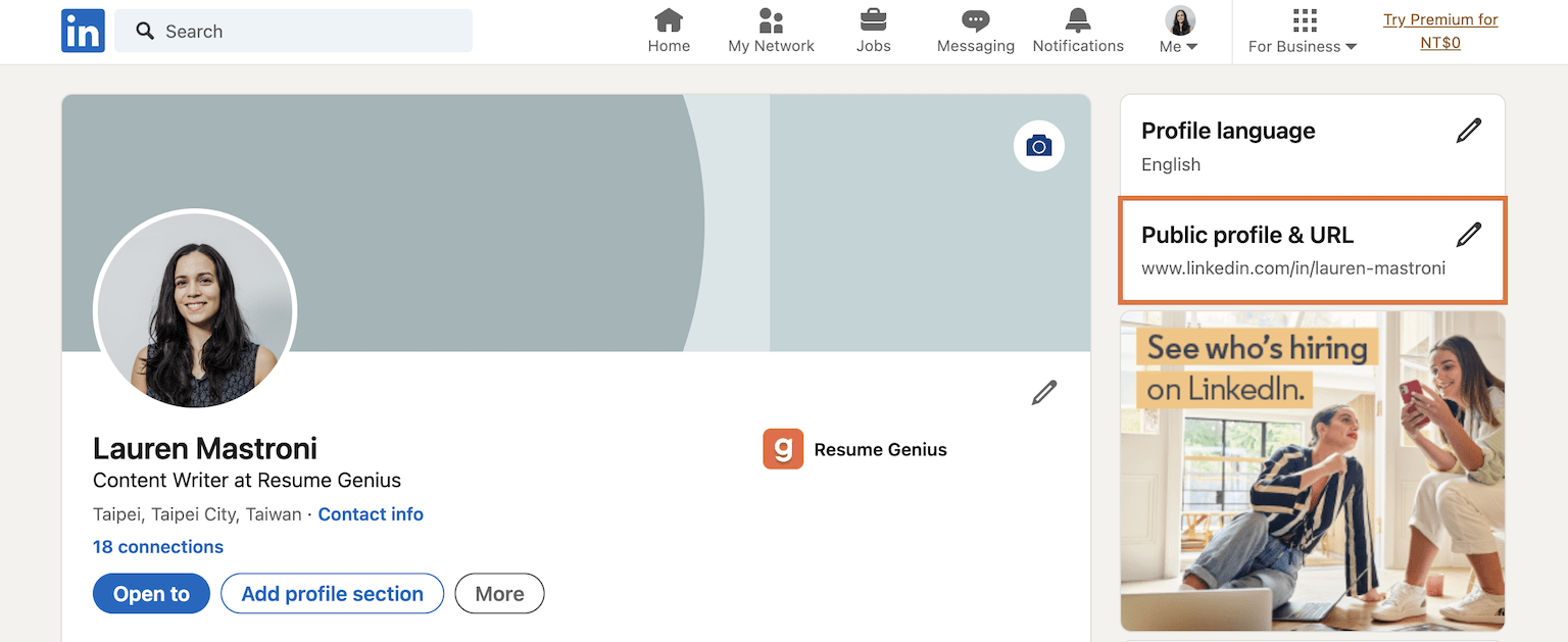 A screenshot with an orange box around the "Edit public profile & URL" on a LinkedIn profile