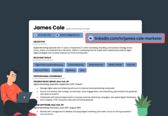 A resume with an enlarged LinkedIn URL to illustrate how to add LinkedIn to resume contact sections