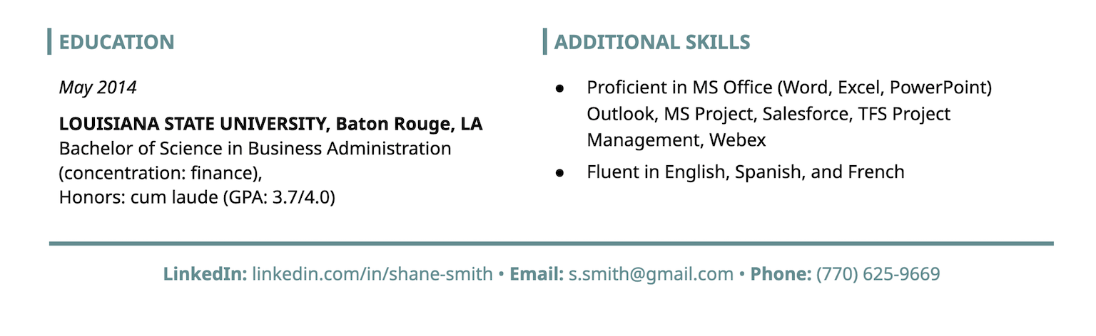 A screenshot of the bottom of a resume that has a footer with the applicant's contact information, including a LinkedIn profile