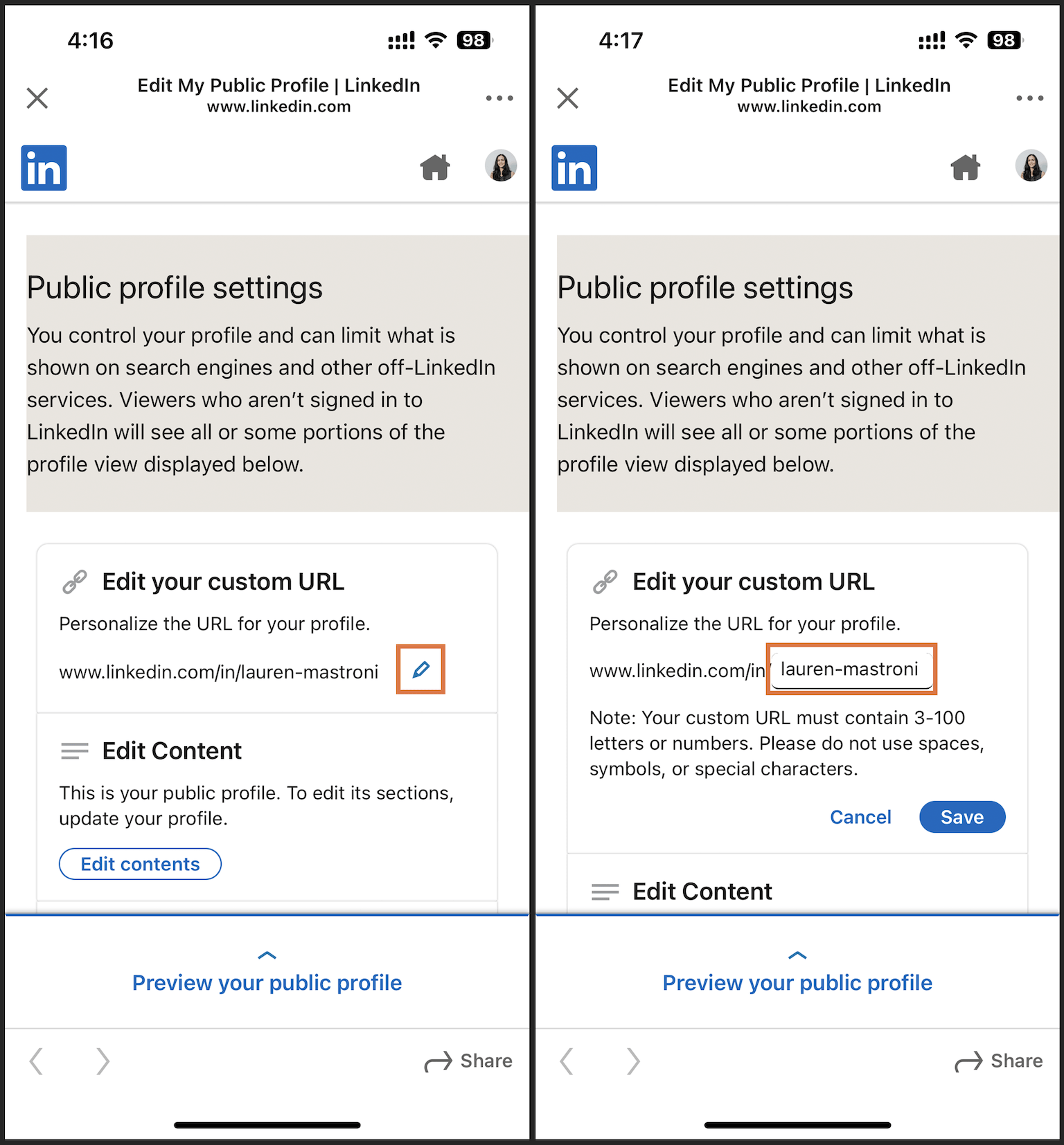 Side-by-side screenshots of the LinkedIn mobile app with an orange arrow pointing to the profile URL in the first screenshot and another orange arrow pointing to the URL edit button in the second screenshot