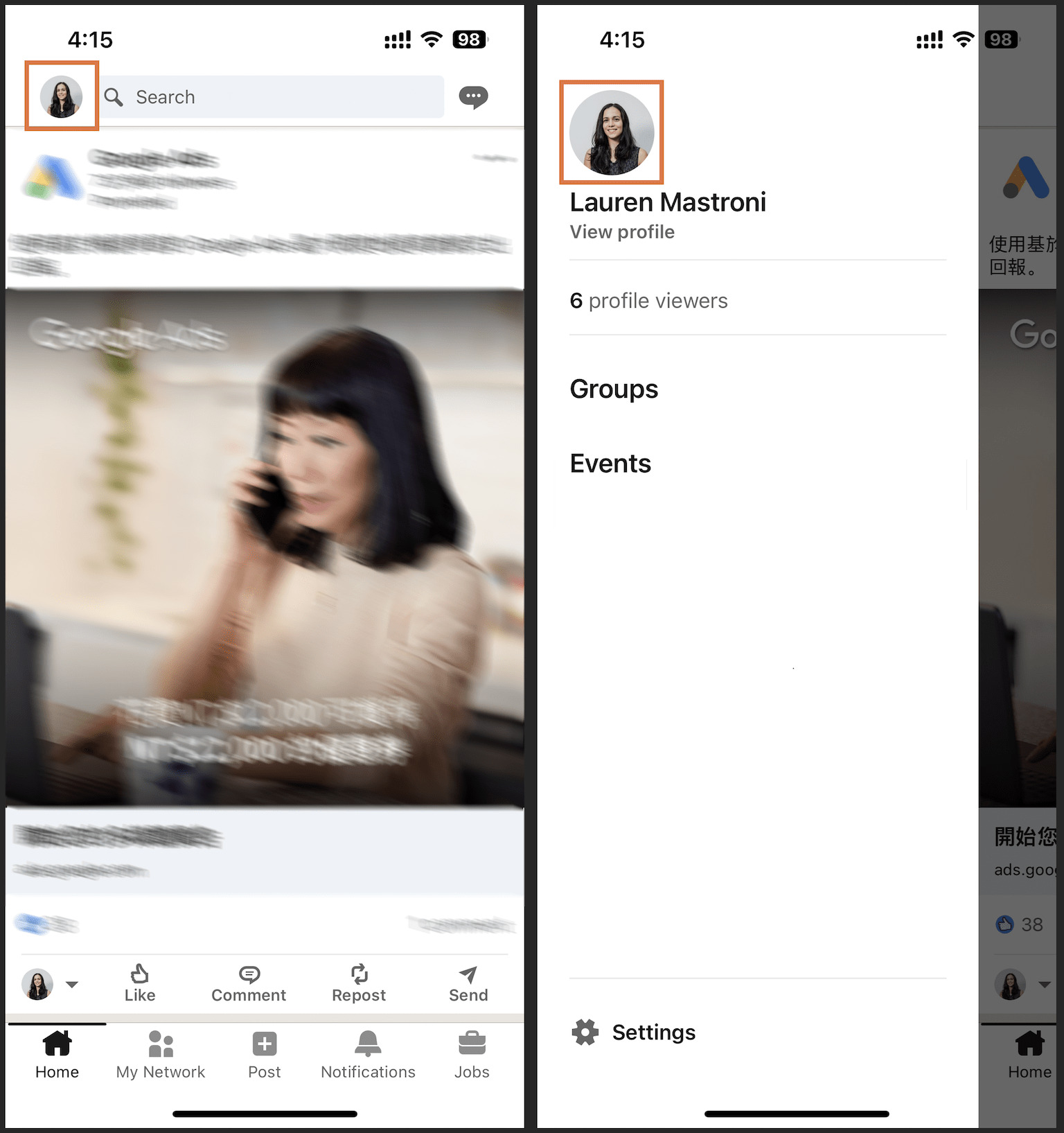 Side-by-side screenshots of the LinkedIn mobile app with orange boxes around the profile picture on each screenshot to show readers where to tap to access their profile