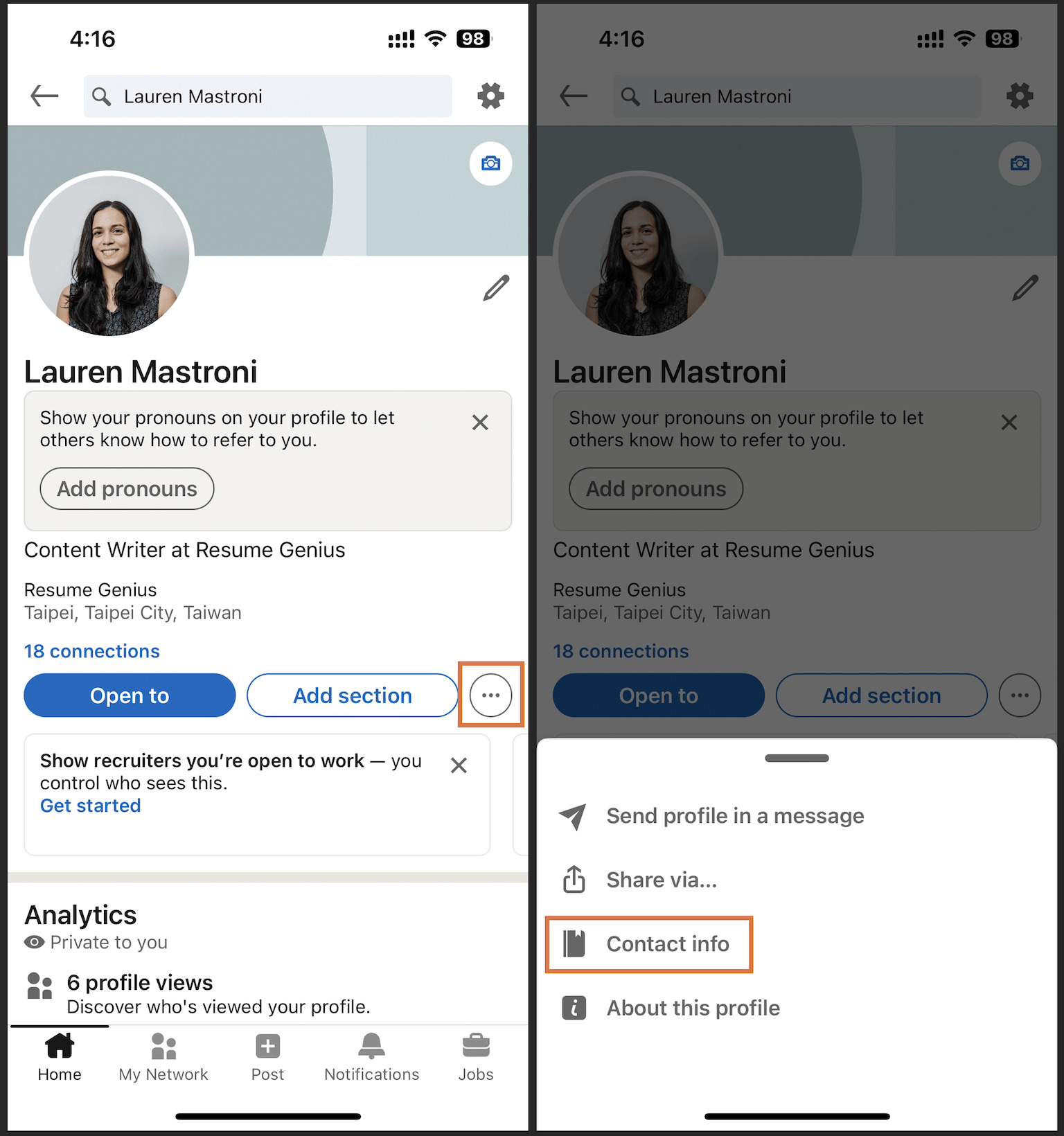 Side-by-side screenshots of the LinkedIn mobile app with orange arrows pointing to menus that lead to the contact information editing section